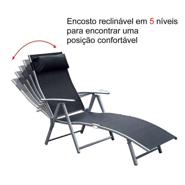 Espreguiçadeira Dobrável Encosto Ajustável para 7 Níveis com Travesseiro Resistente ao Textilene 137x63,5x100,5 cm Aço