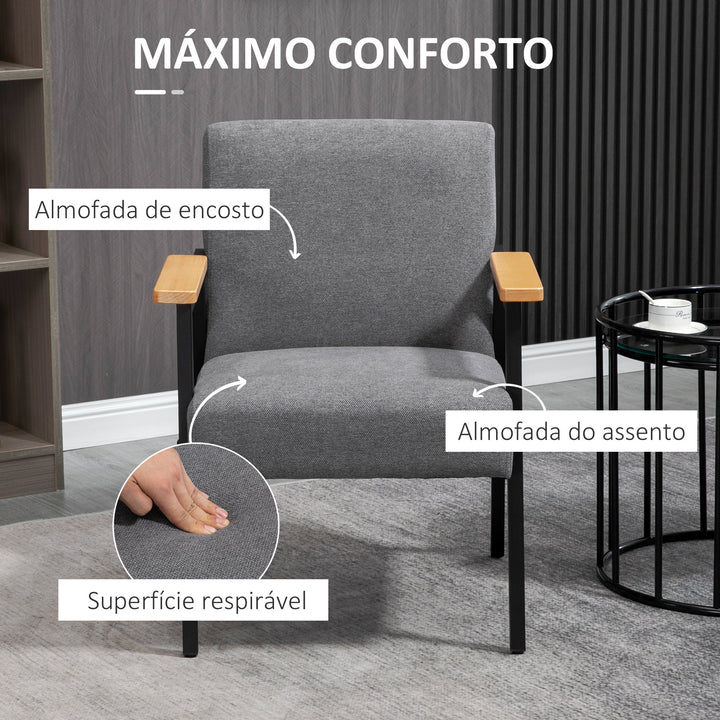 Poltrona de Sala de Estar Poltrona Moderna Estofada em Poliéster com Apoio para os Braços de Madeira e Pés de Aço para Escritório Dormitório 64x5x70x83,5 cm Cinza