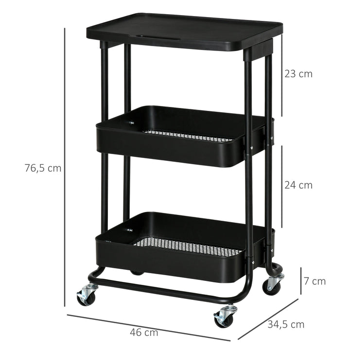 Carrinho de Cozinha com Rodas Carrinho de Armazenamento de 3 Níveis e Rodas com Freio para Sala de Estar Dormitório Escritório 46x34,5x76,5cm Preto