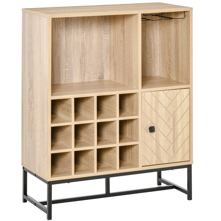 Aparador de Cozinha Armário com 1 Porta Prateleiras Abertas Suporte para 12 Garrafas e 6 Taças de Vinho para Sala de Jantar Bar Restaurante 76x35x97cm Madeira Natural