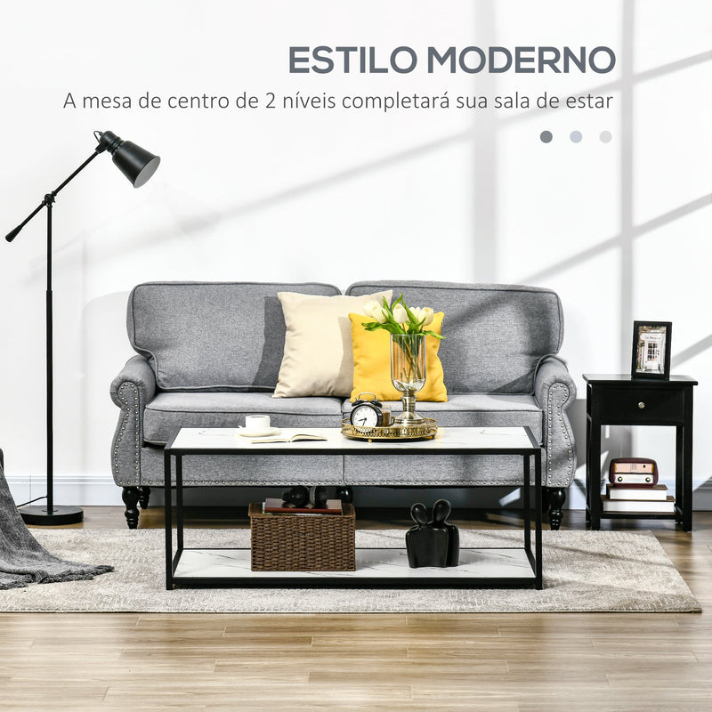 Mesa de Centro Mesa de Sala de Estar com Bancada de Imitação a Mármore e Estrutura de Aço para Escritório Dormitório Sala de Jantar Carga Máxima 90kg 120x60x46cm Branco e Preto