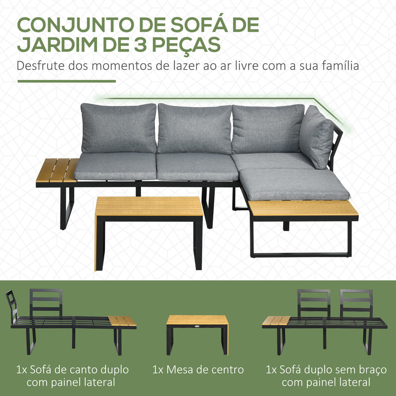 Conjunto Móveis de Jardim de Alumínio 3 Peças Conjunto de Móveis de Exterior Inclui 2 Sofás com Almofadas Mesa de Centro e Painel Lateral para Varanda Cinza e Madeira