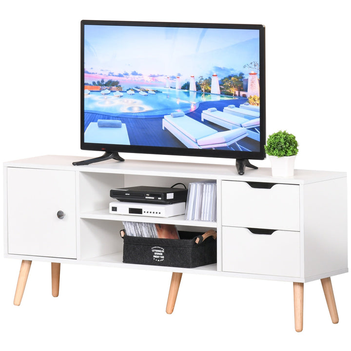 Armário de TV Grande armazenamento com armário prateleiras e gavetas abertas Carga 30 kg 120x28x44 cm Branco