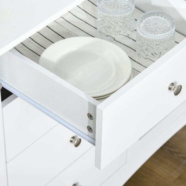 Aparador de Cozinha Armário Buffet com 2 Armários Porta de Vidro Prateleira Interior Ajustável e 4 Gavetas para Sala de Jantar Sala de Estar 136x45x85cm Branco