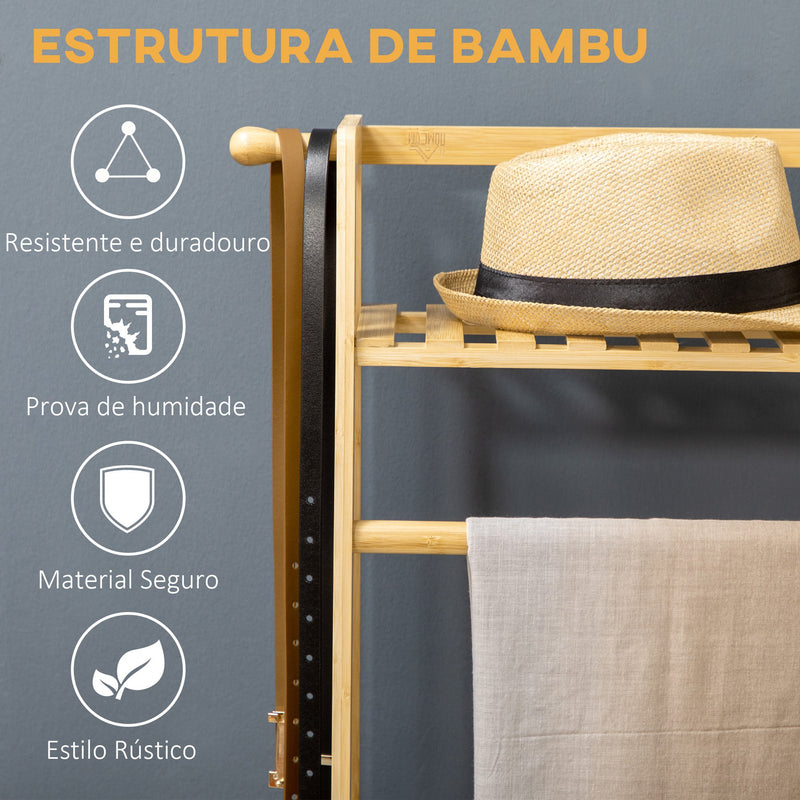 Suporte para Cabide de Bambu para Roupa com 2 Prateleiras de Armazenamento 2 Ganchos Laterais e Barra Suspensa para Entrada Dormitório Escritório 114x40x139 cm Madeira