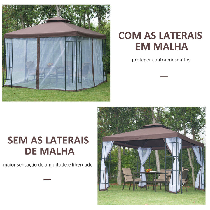 Pérgola de Jardim 3x3m Pérgola para Exterior com Duplo Teto de Ventilação 4 Telas Mosquiteiras Laterais Removíveis e Estrutura de Aço com Proteção Solar para Festas Eventos Café
