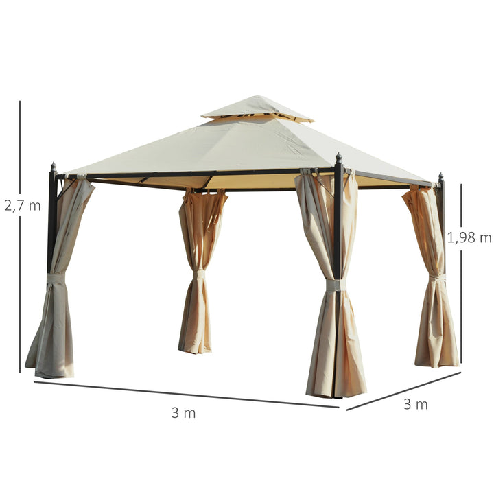 Pérgola de jardim 3x3m com telhado duplo 4 cortinas laterais Espaçoso para eventos bege