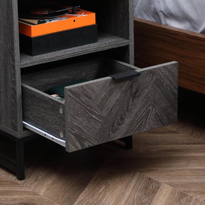 Mesa de Cabeceira com 1 Gaveta Prateleira Aberta e Pés de Aço Mesa de Cabeceira para Dormitório Sala de Estar Escritório Estilo Moderno 40x40x52cm Cinza Escuro