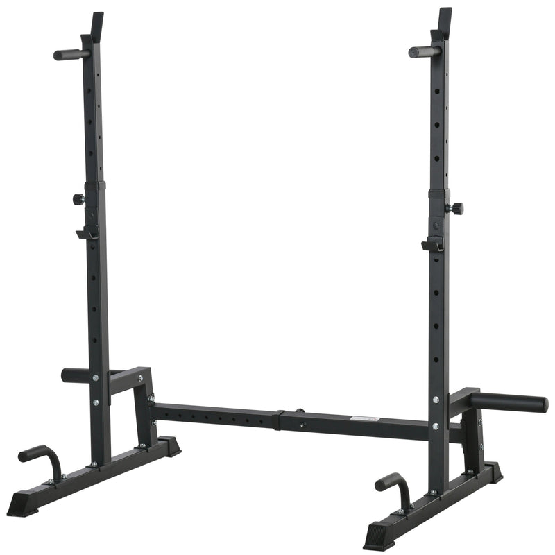 Suporte Multifuncional para Barras de Pesos Flexões Agachamentos Ajustável em Altura e Largura Equipamento Fitness para Academia Casa Aço 123-170x103x111x161cm Preto