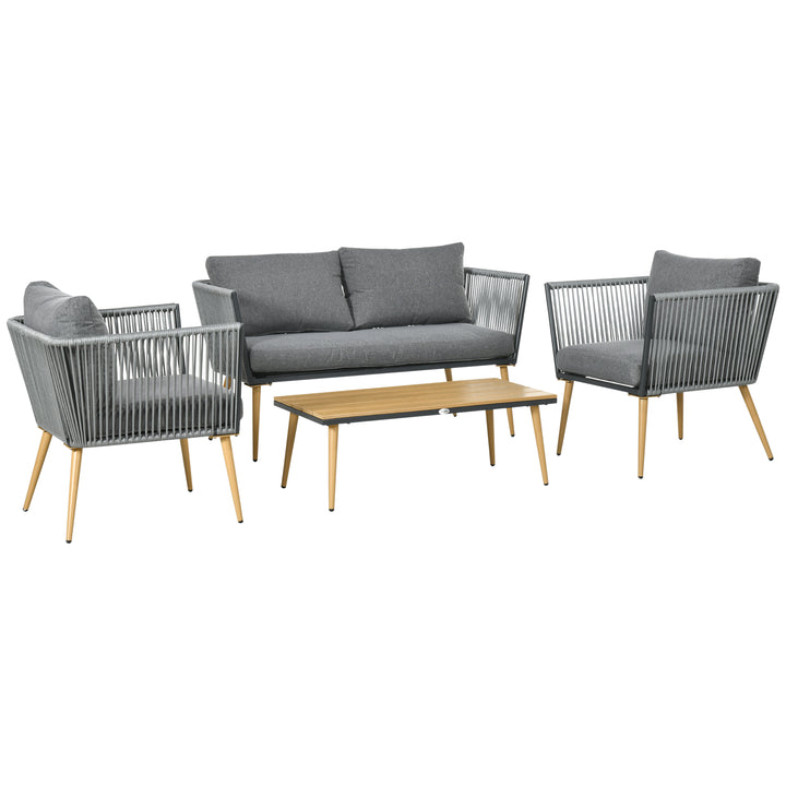 Conjunto de Móveis de Jardim de Vime 4 Peças Conjunto de Jardim com Sofá de 2 Lugares 2 Poltronas e Mesa de Centro com Bancada de Madeira e Plástico para Varanda Pátio Cinza