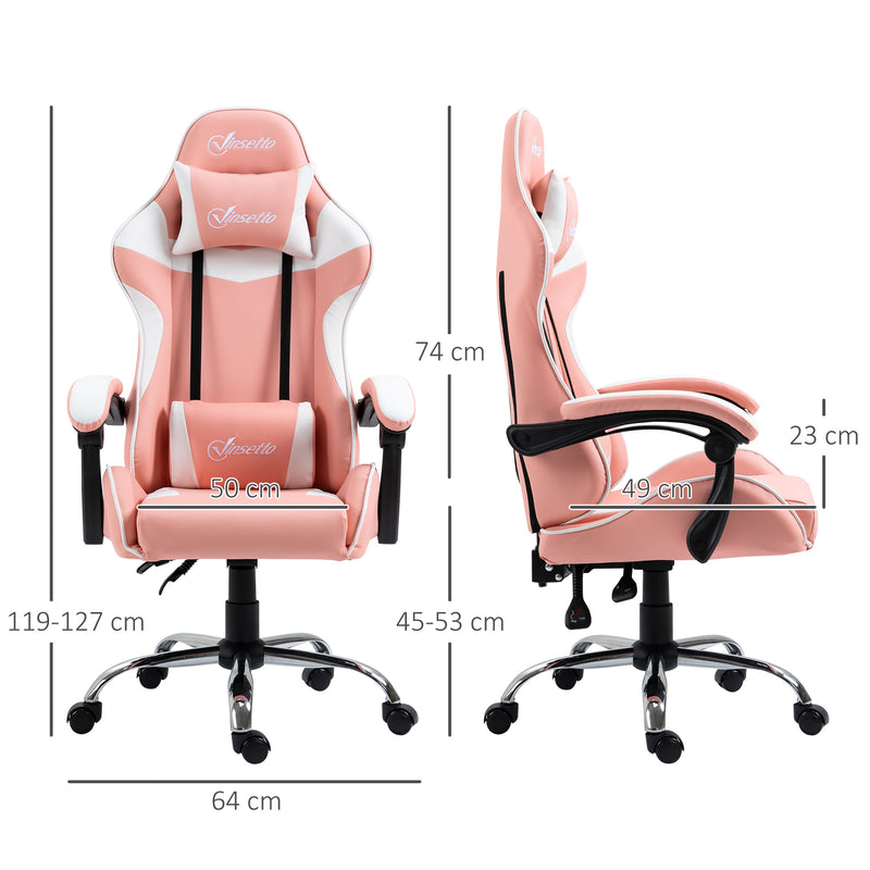 Vinsetto Cadeira Gaming Ergonômica Cadeira para Videojogos Reclinável com Altura Ajustável Apoio para a Cabeça e Almofada Lombar 63x67x122-130cm Rosa e Branco