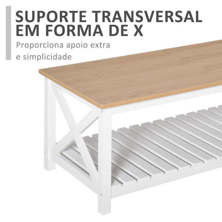 Mesa de Centro para Sala de Estar Mesa de Café com Prateleira de Armazenamento Inferior 116x60x48cm Madeira Natural e Branco
