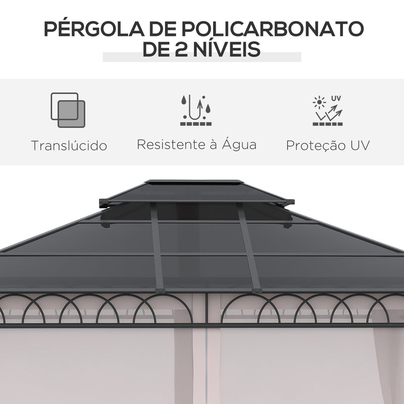 Pérgola de Jardim 3,6x3m Pérgola de Exterior com Teto Duplo de Policarbonato 4 Cortinas Laterais Mosquiteiras com Zíper e Estrutura de Alumínio para Pátio Festas Preto Cinza e Cáqui