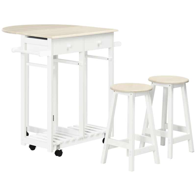 Conjunto de Mesa e 2 Bancos para Cozinha Mesa de Cozinha com Rodas Bancada Dobrável 2 Gavetas Barra para Pendurar e Prateleira de Armazenamento 87x74x86cm Carvalho e Branco