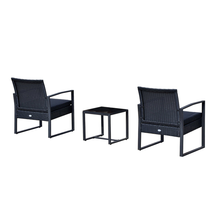 Conjunto de Móveis de Jardim de Vime 3 Peças com 1 Mesa 42,5x40x39 cm 2 Poltronas 63x57x76 cm Almofada Acolchoada para Pátio Varanda Preto