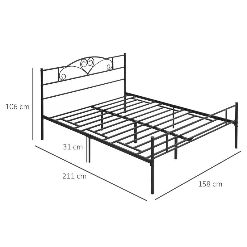 Estrutura de Cama Dupla de Metal para Colchão 150x200cm com Cabeceira e Pés de 31cm Estrutura de Cama de Casa com Espaço em Baixo de Armazenamento 158x211x106cm Preto