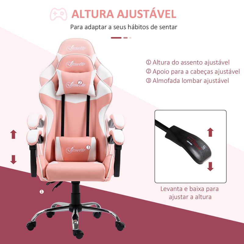 Vinsetto Cadeira Gaming Ergonômica Cadeira para Videojogos Reclinável com Altura Ajustável Apoio para a Cabeça e Almofada Lombar 63x67x122-130cm Rosa e Branco