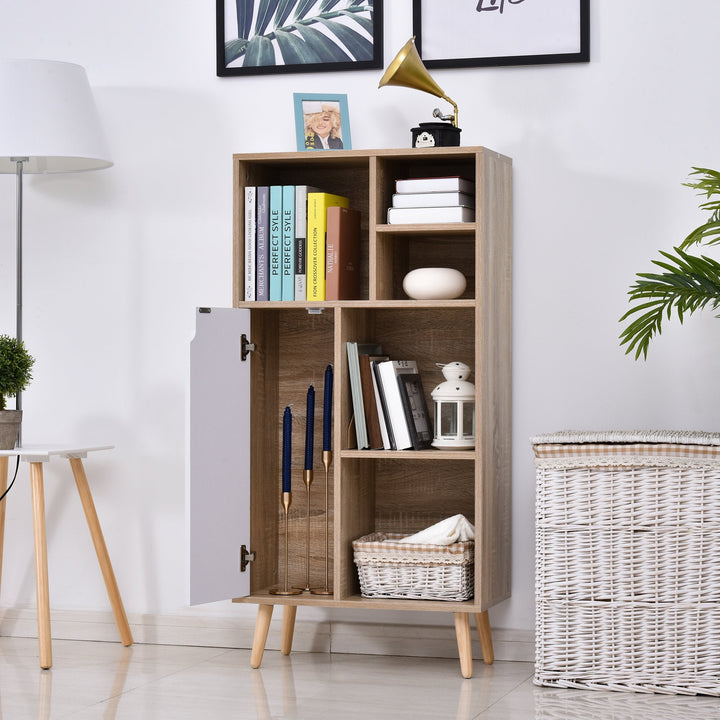 Móvel Aparador Alto Armário Auxiliar de Sala de Estar com 5 Compartimentos e 1 Porta Multiuso para Sala de Jantar Cozinha Dormitório 60x30x121cm Carvalho e Branco