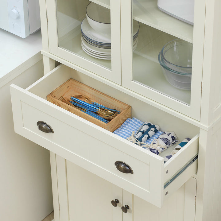 Armário de Cozinha com 2 Portas de Vidro 1 Gaveta e Prateleira Ajustável Móvel Auxiliar de Cozinha Anti-Tombo 76x40x182,5cm Creme