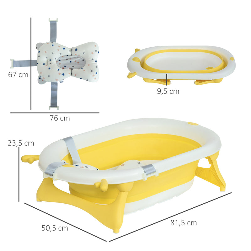 Banheira para Bebé Recém Nascido até 3 Anos Dobrável 30 Litros com Tampa Termossensível e Almofada Confortável Almofadas Antiderrapantes 81,5x50,5x23,5cm Amarelo e Branco