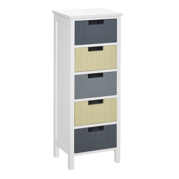 Cómoda de Madeira com 5 Gavetas Cómoda Auxiliar de Armazenamento com Pés Elevados Estilo Moderno para Dormitório Sala de Estar Casa de Banho 35x28x90,5cm Multicor