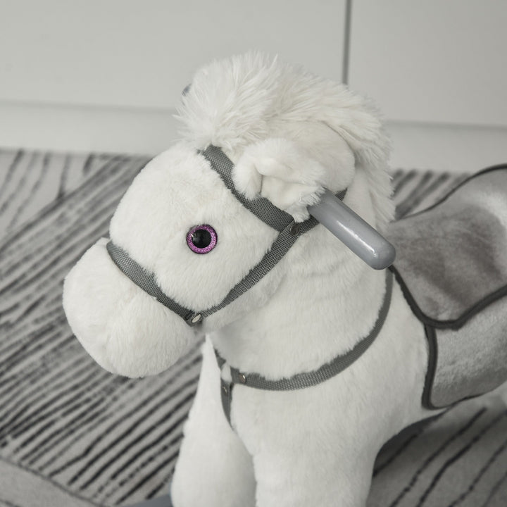 Cavalo Baloiço para Crianças de 18-36 Meses Cavalo de Balançar com Ursinho de Pelúcia Sons de Relinchos e Galopes base de Madeira 65x26x55cm Branco