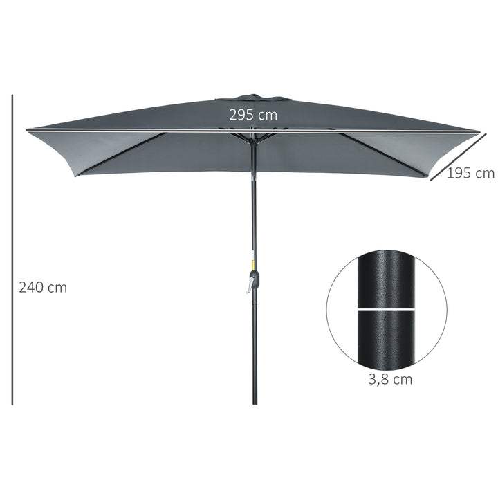 Chapéu de Sol de Alumínio 195x295x240 cm Chapéu de Sol Retangular de Jardim Inclinável com Manivela e Mastro Desmontável para Terraço Piscina Pátio Exterior Cinza