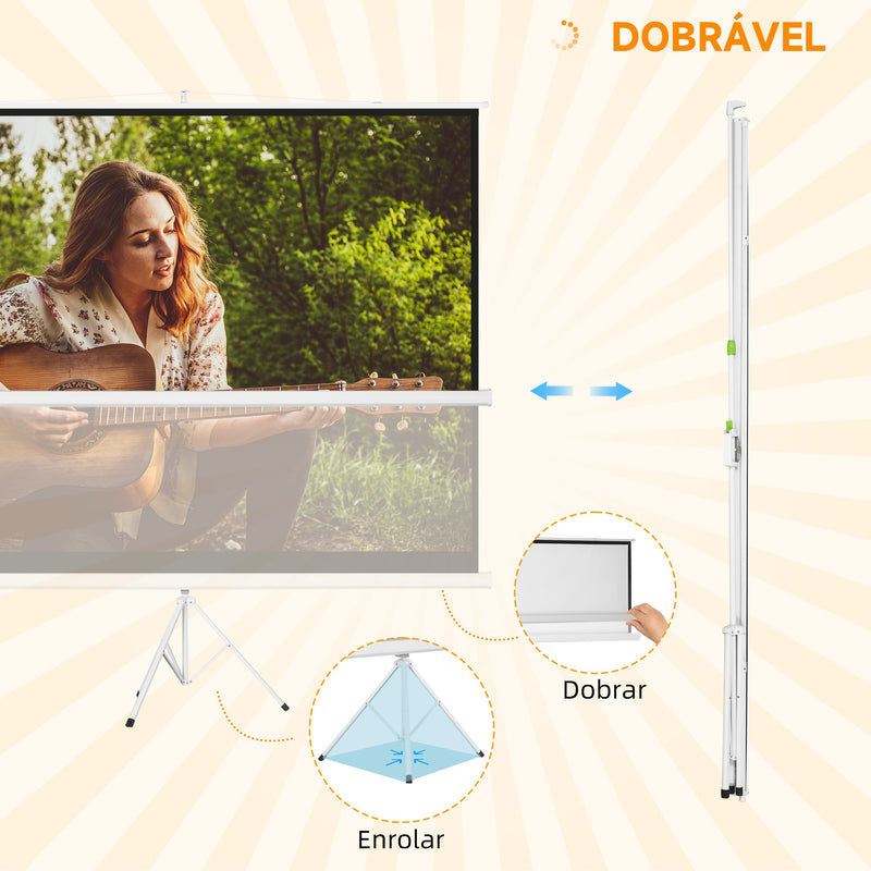 Tela de Projeção Manual com Suporte 120 Polegadas Tela de Projeção Formato 4:3 com Altura Ajustável para Cinema em Casa 244x183 cm Branco