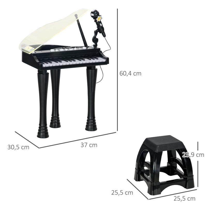 Piano Eletrónico para Crianças com 32 Teclas Piano com Microfone Banco Luzes 22 Músicas 4 Tons Pés Amovíveis e Volume Ajustável 37x30,5x60,4 cm Preto