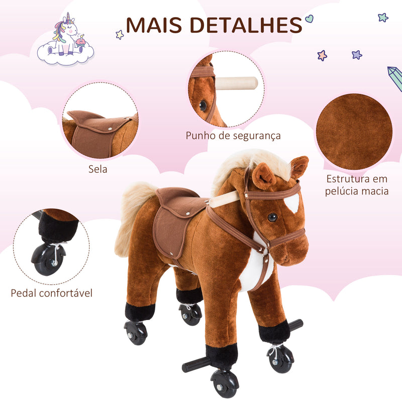 Cavalo para Crianças acima de 36 Meses Cavalo com Rodas Sons de Relincho e Pedais Carga Máxima 60 kg 55x23x60 cm Marrom