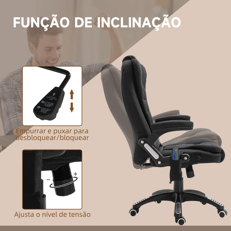 Cadeira de Massagem com 6 Pontos de Massagem Cadeira de Escritório Reclinável até 130° com Função de Aquecimento Altura Ajustável e Rodas para Estúdio 68x72x110-120 cm Preto