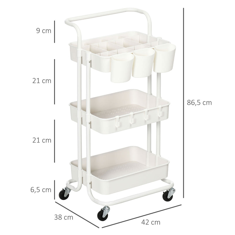 Carrinho de Cozinha de Aço Carrinho de Armazenamento com 4 Ganchos 3 Cestas Removíveis 3 Caixas Suspensas e Travões para Casa de Banho Sala de Estar Dormitório 42x38x86,5 cm Branco