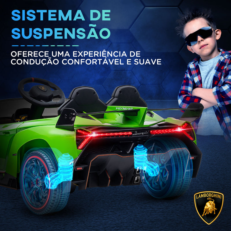 Carro Elétrico Lamborghini para Crianças de 3 a 6 Anos Carro a Bateria 12V Velocidade Máxima 7 km/h com Controlo Remoto MP3 Luzes e Cinto de Segurança 111x61x45 cm Verde