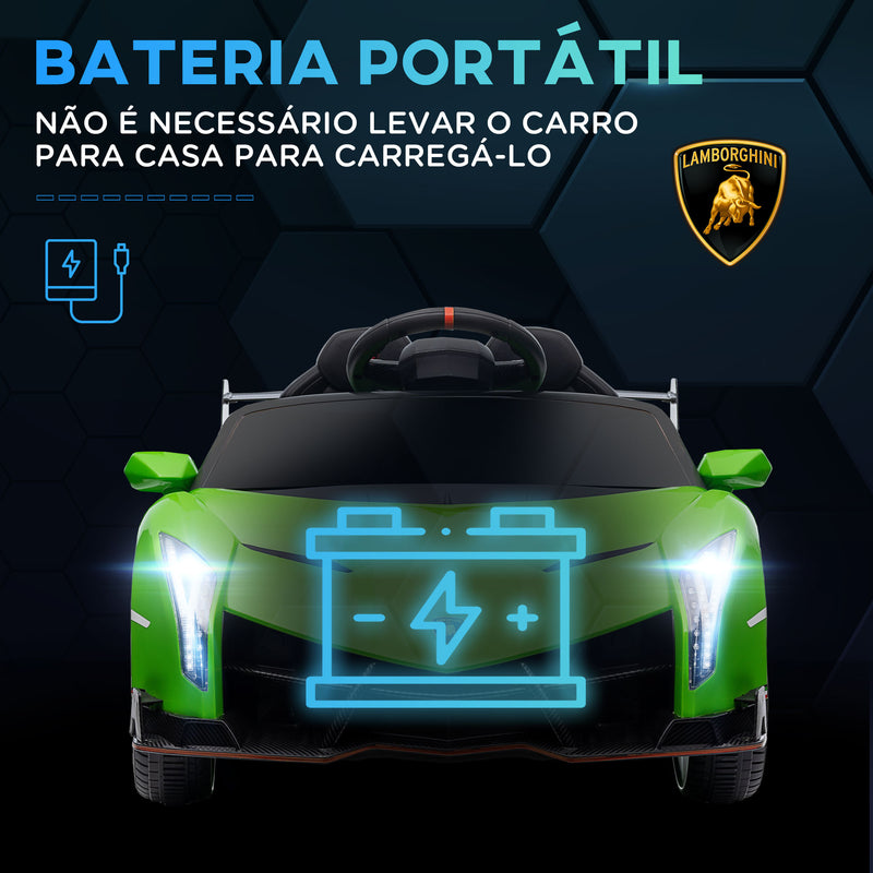 Carro Elétrico Lamborghini para Crianças de 3 a 6 Anos Carro a Bateria 12V Velocidade Máxima 7 km/h com Controlo Remoto MP3 Luzes e Cinto de Segurança 111x61x45 cm Verde