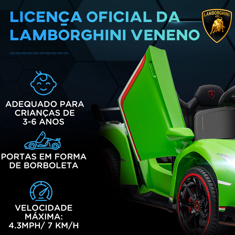 Carro Elétrico Lamborghini para Crianças de 3 a 6 Anos Carro a Bateria 12V Velocidade Máxima 7 km/h com Controlo Remoto MP3 Luzes e Cinto de Segurança 111x61x45 cm Verde