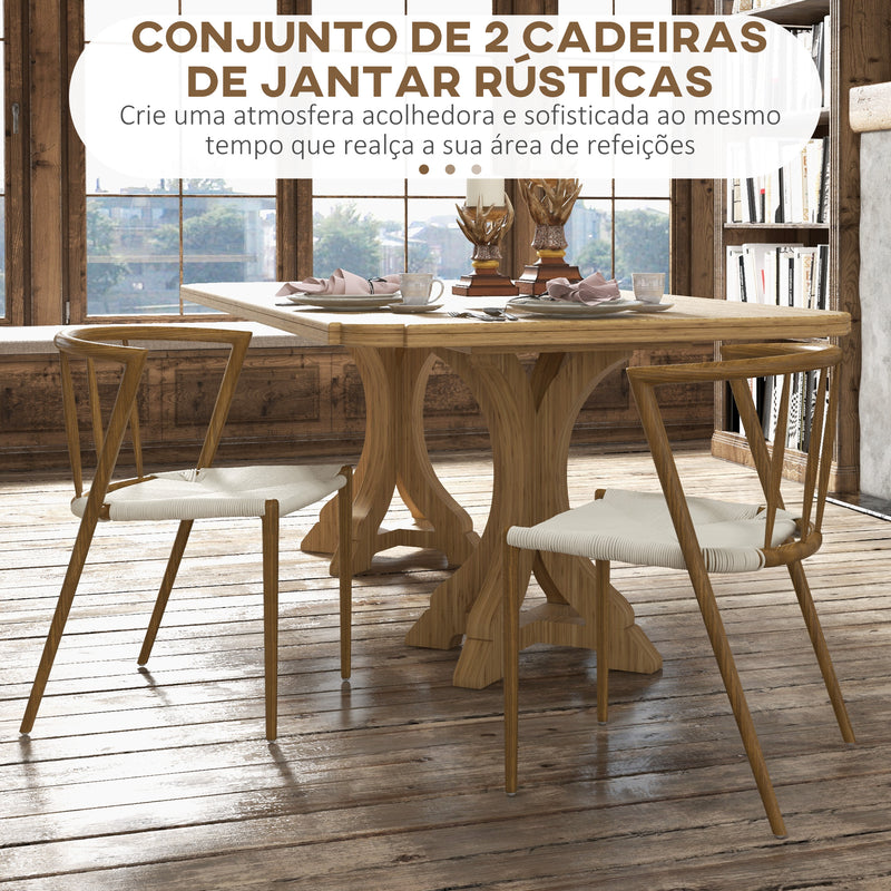 Conjunto de 2 Cadeiras de Sala de Estar com Assento em Corda de Papel Cadeiras de Cozinha Empilháveis Estilo Rústico Carga Máxima 120 kg 51x51x71 cm Carvalho