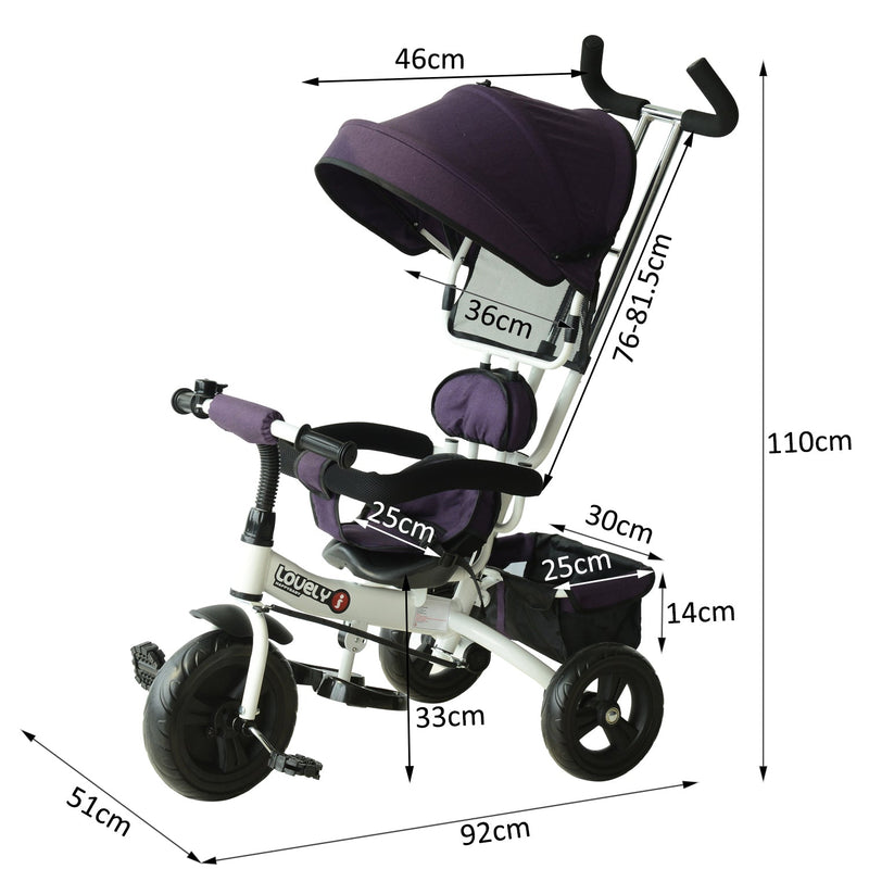 Triciclo para Crianças com Capota– Cor: Roxo e Branco– Ferro, Plástico e Tela– 92 x 51 x 110 cm