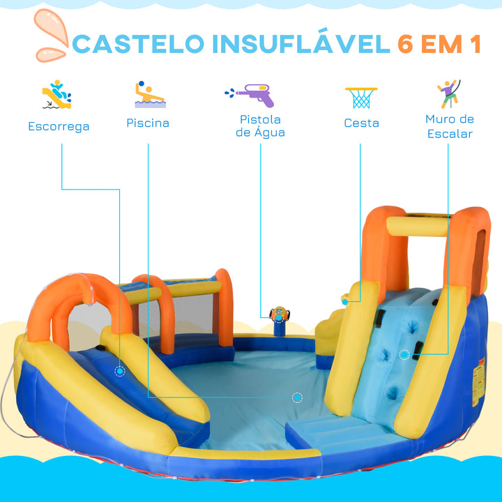 Castelo Insuflável com Escorrega Castelo para Crianças de 3-8 Anos com Cesta de Basquetebol Piscina Insuflador de 750W e Bolsa de Transporte 435x435x200cm Multicolorido