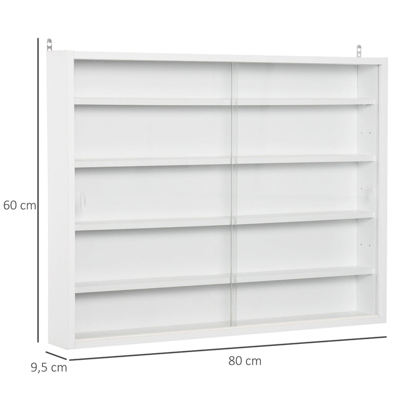 Vitrine de Parede de Madeira com Prateleiras Ajustáveis e 2 Portas Corredeiras de Vidro para Coleções Perfumes Bonecos de Decoração 80x9,5x60cm Branco