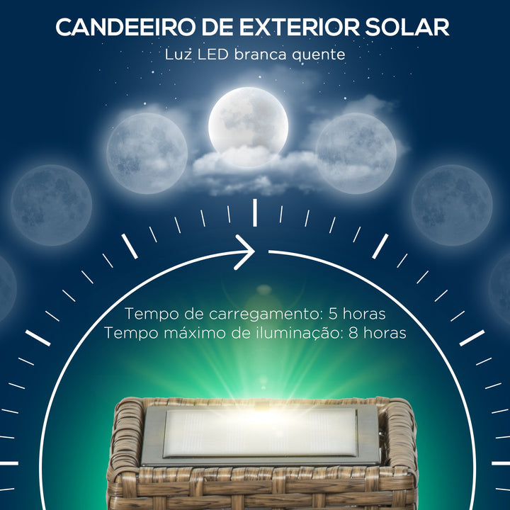 Candeeiro de Jardim de Vime Sintético Candeeiro Solar de Exterior com Luzes LED Ligar/Desligar Automático para Varanda Pátio 15,5x15,5x69cm Marrom Areia
