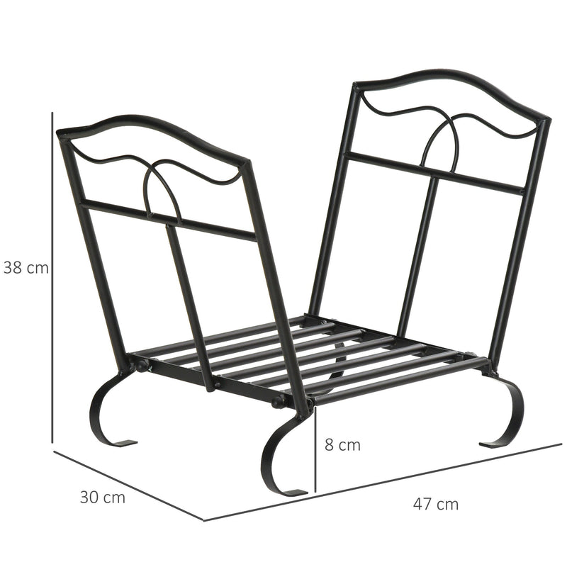 Suporte para Lenha Metálico Porta Lenha Exterior e Interior com Grade e Base Elevada Carga Máxima 40kg 47x30x38cm Preto