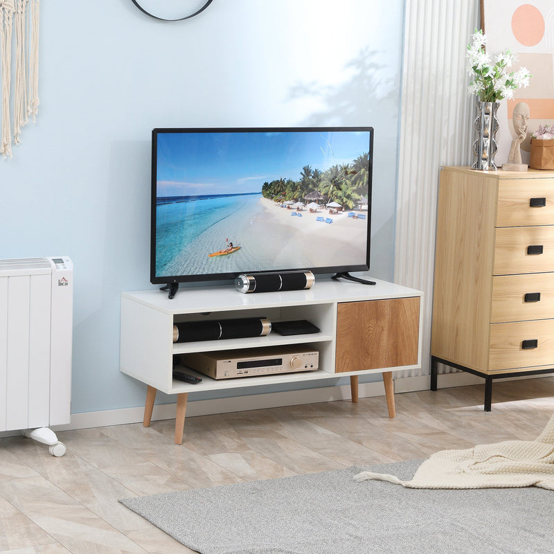 Móvel de TV Minimalista com 2 Prateleiras de Armazenamento e Armário Móvel de TV para Televisores de até 55 Polegadas para Dormitório 110x40x50cm Branco e Madeira