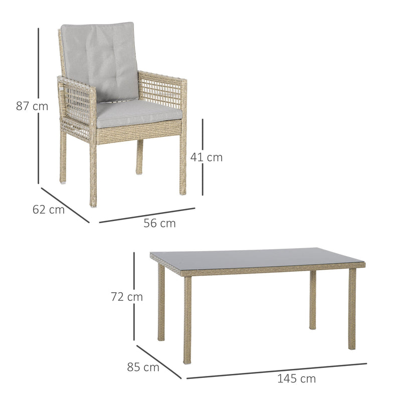 Conjunto de Móveis de Jantar para Jardim 7 Peças 1 Mesa de Vidro e 6 cadeiras de Vime com Encosto Respirável e Almofadas Acolchoadas para Terraço Exterior Cinza e Natural