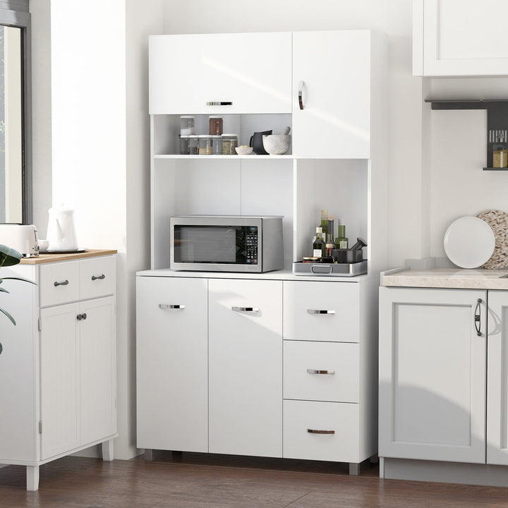 Armário de Cozinha Armário Alto com 3 Gavetas 4 Portas Prateleiras Interiores Ajustáveis e Pés Elevados Móvel Auxiliar para Sala de Jantar Sala de Estar 100x39,5x183,5cm Branco