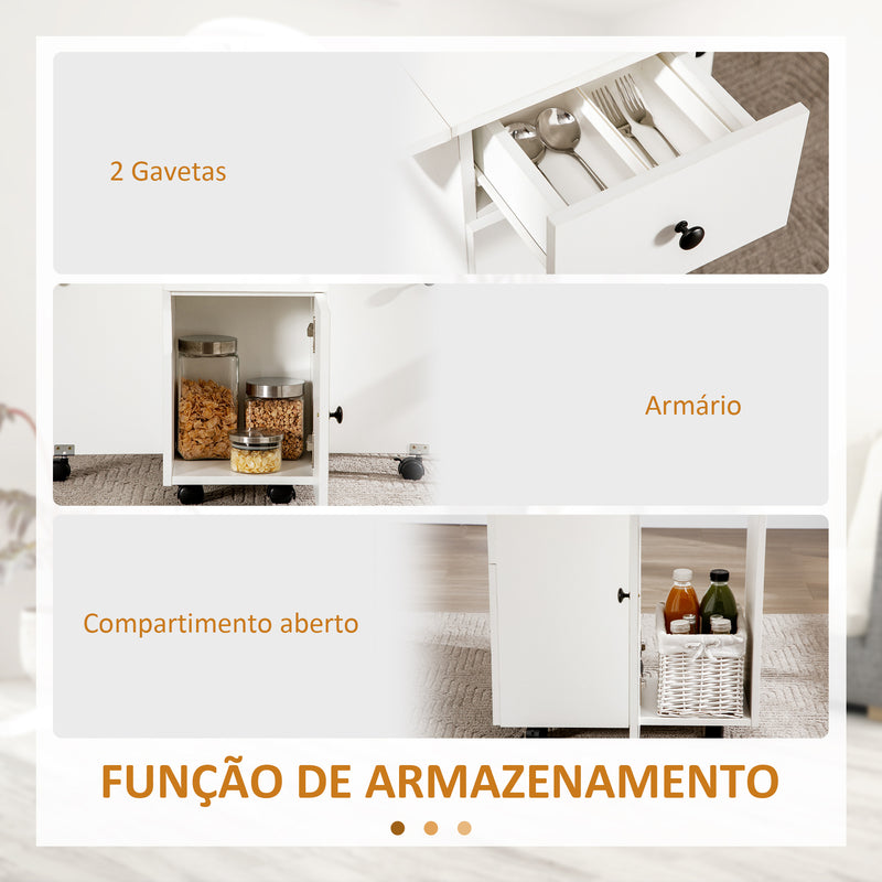 Mesa de Jantar Dobrável com Rodas Mesa Abatível com 2 Gavetas e Armário Mesa Auxiliar Multifuncional para Estúdio Cozinha 120x60x76,5cm Branco