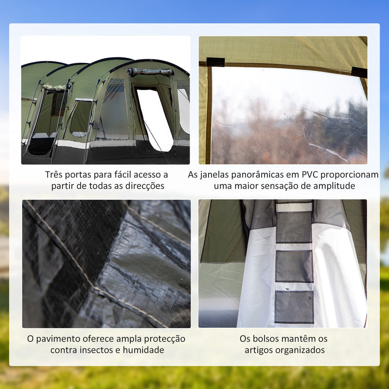 Tenda de Campismo Familiar 6 Pessoas Tenda Campismo Impermeável PU3000mm com 3 Portas 6 Janelas Bolsos de Arrumação e Bolsa de Transporte 455x320x215cm Verde