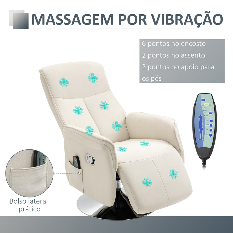 Poltrona de Massagem Elétrica com Apoio para os Pés Poltrona Relax Giratória Reclinável até 135° com Controlo Remoto 10 Pontos de Massagem e Bolso Lateral 68,5x84x110cm Creme