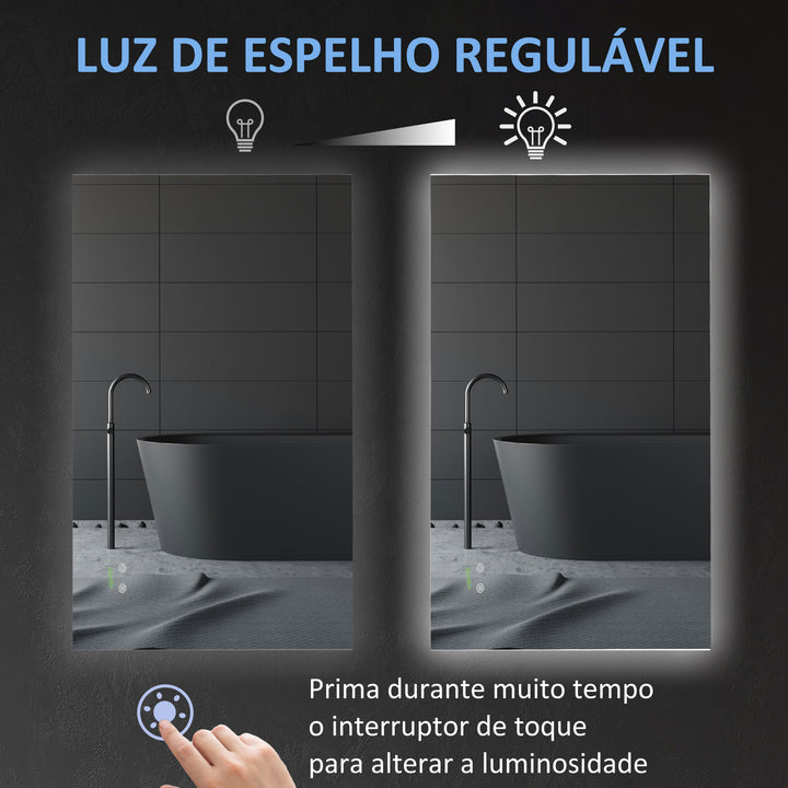 Espelho de Casa de Banho com Luz LED Espelho de Parede Anti-Embaciamento 90x60cm com Interruptor Tátil 3 Luzes Ajustáveis Função de Memória e Estrutura de Alumínio Suspensão Vertical ou Horizontal Prata