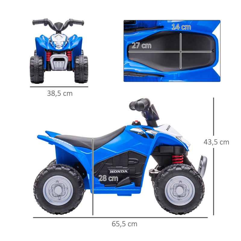 Quadriciclo Elétrico HONDA para Crianças de 18-36 Meses Quadriciclo Elétrico Infantil a Bateria 6V com Faróis LED Buzina Velocidade de 2,8km/h e Avance 65,5x35,5x43,5cm Azul