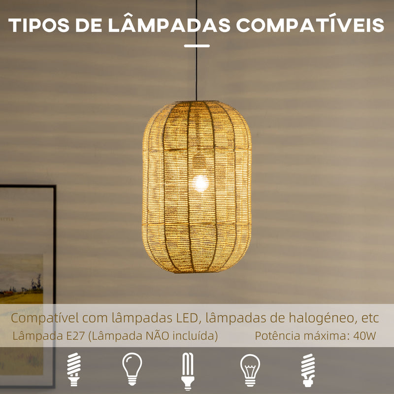 Candeeiro Suspenso de Corda de Papel Candeeiro de Teto Lâmpada E27 Máx. 40W com Corda Ajustável para Sala de Jantar Dormitório Ø30x47cm Natural e Preto